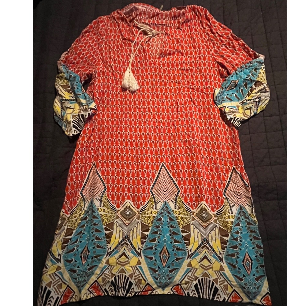 Entro Orange Tribal Geometric Print Boho Tassel Tie Mini Dress Small D4194